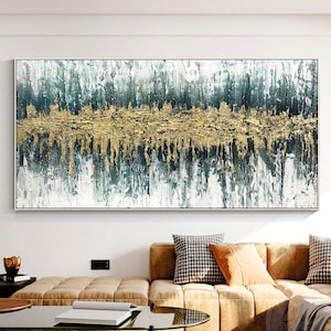 Hunter Green Gold Abstract Painting Contemporary Textured Art Gold Leaf Framed Wall art Dark Green Original Oil Painting Large Wall Decor