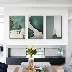 Set of 3 Green Abstract Painting Beige Wall art 3 Piece Sage Green Textured Art Original Oil Painting Living Room Contemporary Wall decor