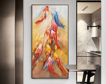 Fancy 9 Koi Fish Gold Abstract wall art, Original Fengshui Oil Painting, Orange Blue Red fish Heavy texture palette knife Acrylic painting