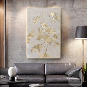 Gold Ginkgo Leaf Painting: Minimalist Abstract Framed Canvas Art