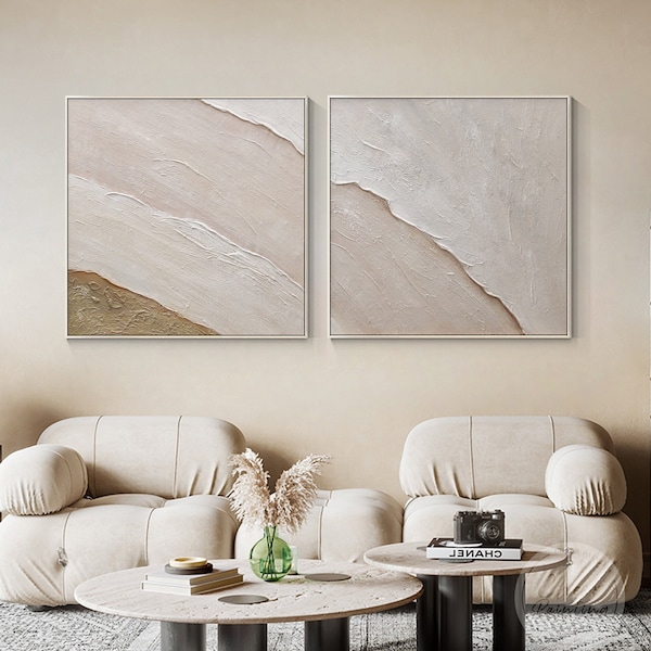 Set of 2 Beige Flow Boho Style Abstract wall art,palette knife 3D Textured Brown acrylic painting,large original Beach ocean framed wall art