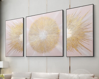 Set of 3 Gold Shiny Abstract Art Heavy Texture Pink Abstract Painting Shimmering Light Framed Wall Art 3 Piece Large Acrylic Aesthetic Decor