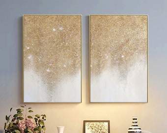 Set of 2 Gold Glitter Abstract Painting Luxurious Pale Gold Sand Texture Minimalist Aesthetic room decor abstract oversized framed wall art