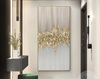 Gold Wave Texture Malerei Grau Abstrakt Wandkunst Luxuriöses schwer strukturiertes Original Acrylgemälde, gerahmte Wandkunst ästhetische Raumdekoration