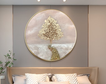 3 Style Gold Tree Round Painting,Original gray Abstract wall art,Gold leaf Painting Framed Wall Art Large Living Room Wall Decor