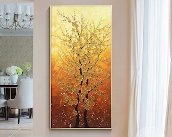 Gold Flower Tree Painting: 3D Textured Abstract Art