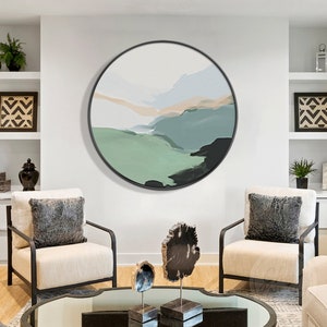 Green Landscape Round Painting Oriental Mountain Light Blue Beige Abstract Art Framed Wall Art Original Oil Painting Large Wall Decor