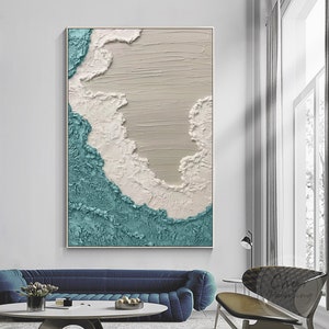 Teal Blue Sea Wave Textured Art White Gray Ocean Abstract Painting ...