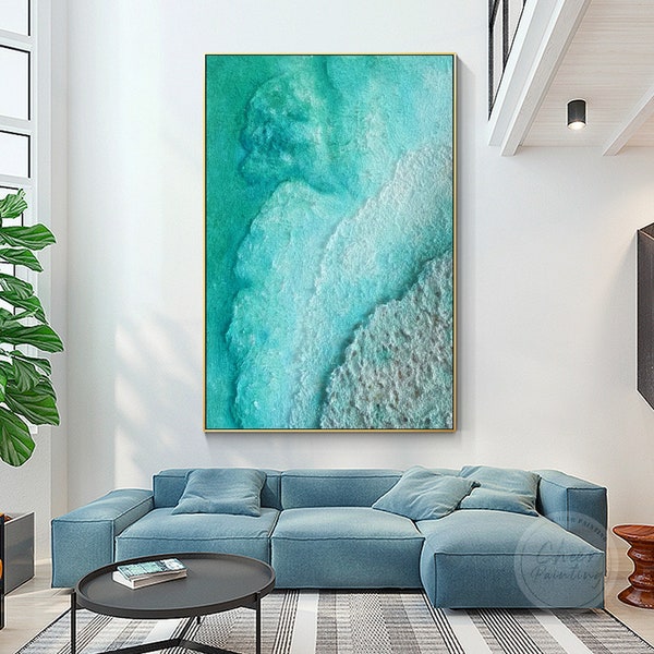 Turquoise Green Beach Sea Painting 3D Textured Sand Teal Abstract wall art Original Oil Painting Large framed wall art Aesthetic Room Decor