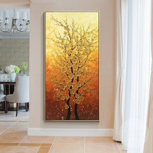 Gold Flower Painting Blooming Tree Art Orange Abstract Modern Art Palette Knife 3D Textured Framed Wall Art Original Oil Painting Oversized