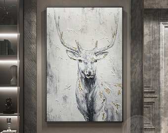 Deer Painting on Canvas Abstract animal Framed wall art original extra large Sketch oil painting acrylic heavy texture gold leaf living room