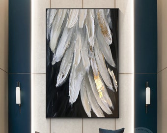 Large Wing Abstract Art Wall Decor,Heavy Texture Feather Painting,Acryliv painting on canvas Gold Leaf Framed wall art palette knife Gift