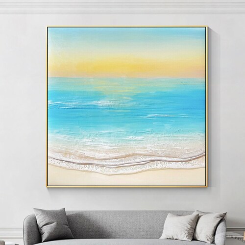 Beach Seascape Abstract Painting Sunset Turquoise Sea Wave Wall Art Abstract Original Large shops Acrylic Painting Framed Aesthetic room decor