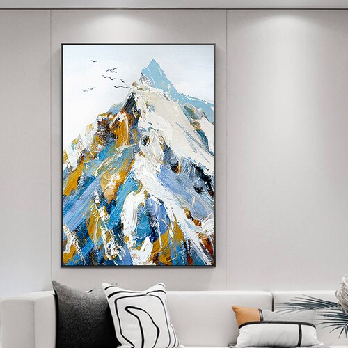 Hand shops painted original landscape abstract wall art snow mountain framed large canvas oil painting gold leaf acrylic heavy texture home decor