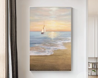 Hand-Painted Sunset Coast Acrylic Painting: Abstract Seascape Wall Art
