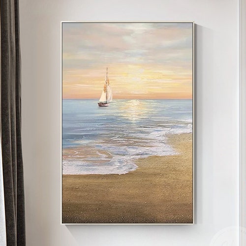 Sunset coast Paintiing,Beach Sea Landscape Wall Art,Sailboat Large acrylic paintings textured shops abstract frame wall art aesthetic wall decor