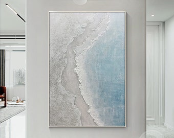 Textured Beach Painting: Light Blue Ocean Wave, Framed Abstract Art,Plaster Wall Art