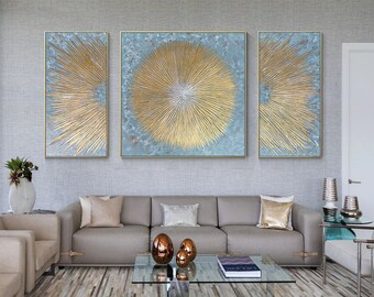Teal and Gold Abstract Triptych: Textured Acrylic Canvas Painting Set