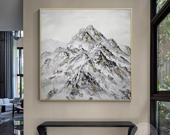 Gray Mountain Painting,Abstract Alps Landscape Painting,Original Impasto Oil Painting,Gold Leaf Large framed wall art, Acrylic Aesthetic