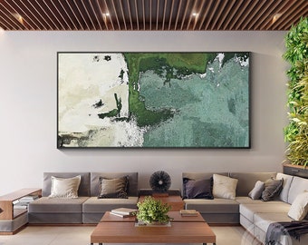 Modern Abstract Beige Dark Sea Green Minimalist Painting,Scandinavian,Extra Large Framed Canvas Wall Art,Acrylic Texture Horizontal art,Gift