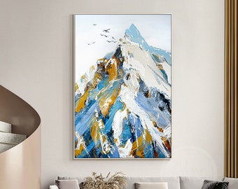 Hand painted original landscape abstract wall art snow mountain framed large canvas oil painting gold leaf acrylic heavy texture home decor