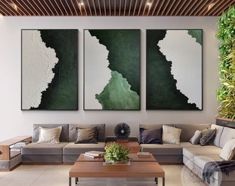 Set of 3 Minimalist Abstract Wall art Painting,Original dark Green Beige painting Wall deocr,Large Acrylic framed art aesthetic room decor