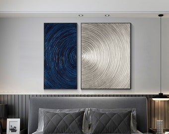 Set of 2 Navy Blue Silver Circle Abstract Painting 2 Pieces Rectangle Heavy Texture art Minimalist Framed wall art Large Acrylic Painting