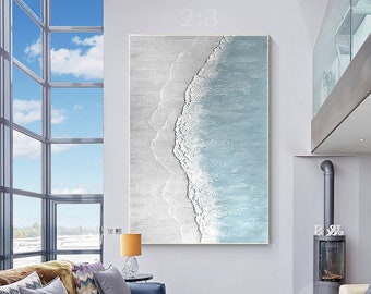 Pintura de olas de mar azul claro, arte abstracto de playa gris blanco, textura pesada del océano, pintura acrílica Original, arte de pared enmarcado, decoración de pared grande