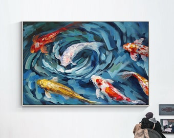 Original Koi Fish Oil Painting: Framed Abstract Feng Shui Wall Art