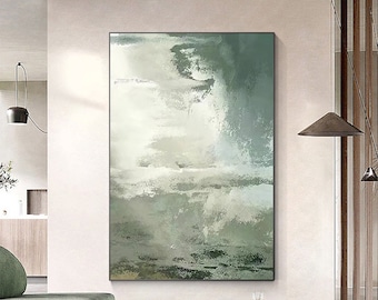 Large Green Abstract Painting: Textured Minimalist Wall Art