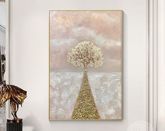 Arte 3D Texturizado Pintura Árbol Dorado, Árbol con Pan de Oro Original, Arte Abstracto Contemporáneo Enmarcado Grande