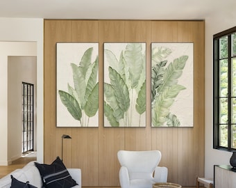 Set of 3 Tropical Banana Leaf Painting, Sage Green 3D Texture art, Plant Wall Art, Tropical Home Decor, Large framed wall art, CheerPainting