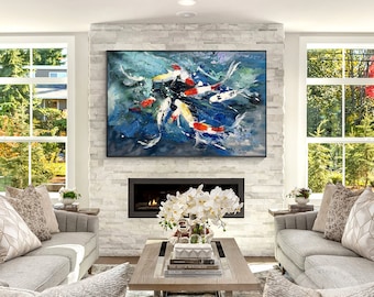 Teal Abstract Koi Fish Painting Feng Shui Large Framed Wall Art Original Painting Textured Art Horizontal 9 Koi Palette Knife Oil Painting