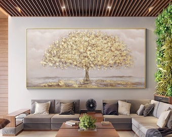 Large Gold Tree Original Pink Abstract Painting,Gold Leaf Texture Framed Wall Art,Expressionist Plants Acrylic Painting Aesthetic room decor