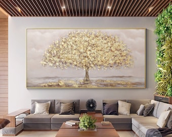 Gold Leaf Tree Painting On Canvas extra Large Beige Abstract Framed Wall Art Horizontal Living Room Decor Textured Wall art Dining room art