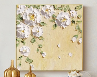 Textured Floral Impasto Painting: White Flower Abstract Wall Art