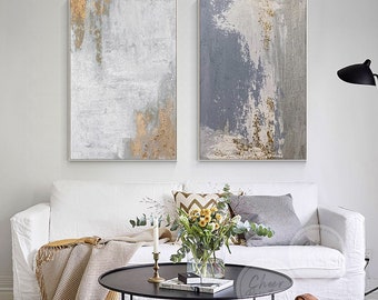 Gray and Gold Abstract Painting Set of 2, Handmade Textured Canvas Wall Art, Modern Neutral Living Room Decor, Large Gold Leaf Artwork