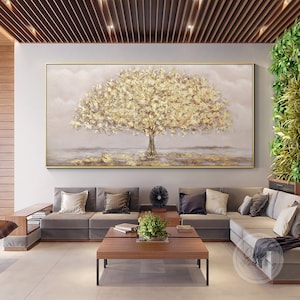 Large Gold Tree Original Pink Abstract Painting,Gold Leaf Texture Framed Wall Art,Expressionist Plants Acrylic Painting Aesthetic room decor