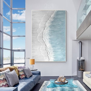Light Blue Sea Wave Painting White Gray Beach Abstract Art Ocean Heavy Texture Original Acrylic Painting Framed wall art Large Wall Decor