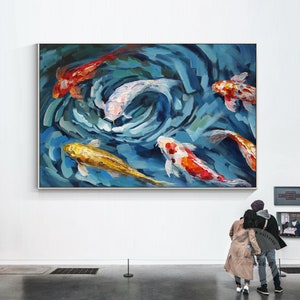 Original Koi Fish oil Painting For Luck,Feng Shui Wall Decor Acrylic Framed Abstract Wall Art,Large Gold red white fish Texture wall art
