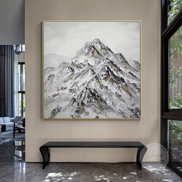 Gray Mountain Painting,Abstract Alps Landscape Painting,Original Impasto Oil Painting,Gold Leaf Large framed wall art, Acrylic Aesthetic