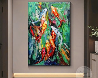 Green Abstract Red Blue Orange Koi Fish Painting Feng shui Framed Wall Art Hand Painted Palette Knife Texture Acrylic Large Painting