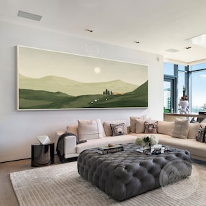 Dark Green Landscape Painting Sunset Wall Art Beige Sky Art Mountain Plants Painting Houses Birds Grassland Large Living Room Wall Decor