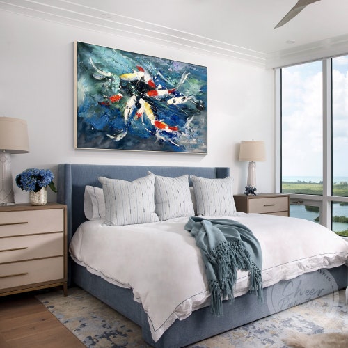 Teal Abstract Koi Fish Painting Feng shops Shui Large Framed Wall Art Original Painting Textured Art Horizontal 9 Koi Palette Knife Oil Painting