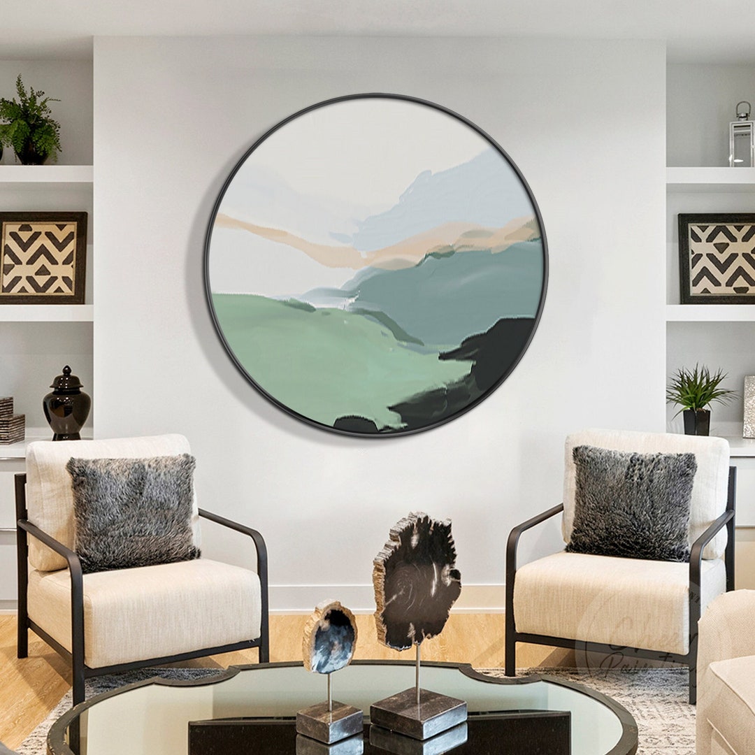 Green Landscape Round Painting Oriental Mountain Light Blue Beige ...