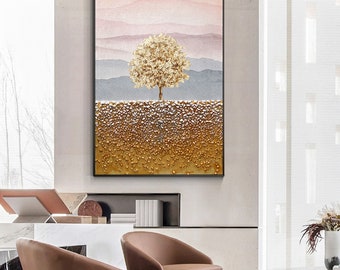 金箔の木の絵画：質感のある抽象的な風景画 - Etsy 日本