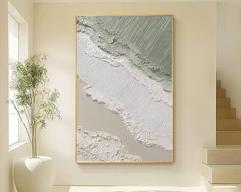 Textured Coastal Wall Art, Sage Green Beige Ocean Wave Painting, Vertical Canvas, Beach Decor