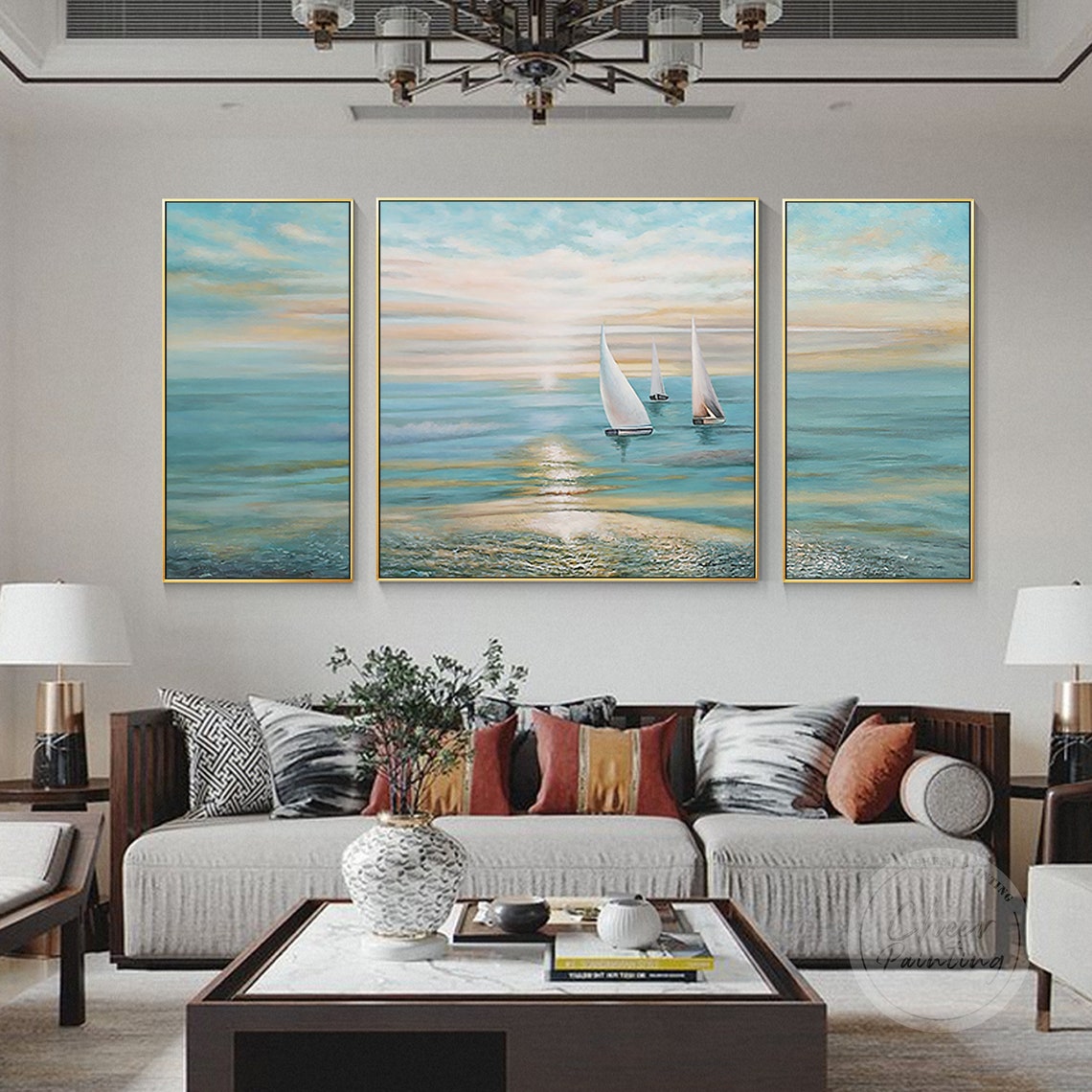 Set of 3 Seascape Paintingsailboat Party Abstract Wall Art - Etsy