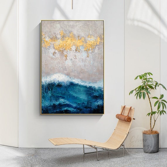 Blue modern abstract wall art oil painting, abstract canvas art