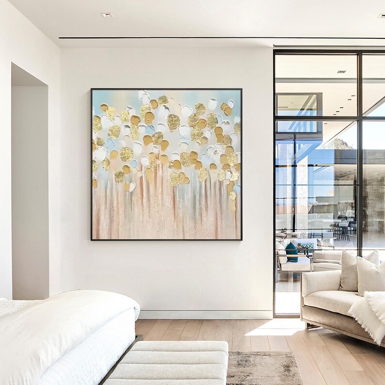 Large Flower Art,large Wall Art,gold Pink Flower Painting,large Framed